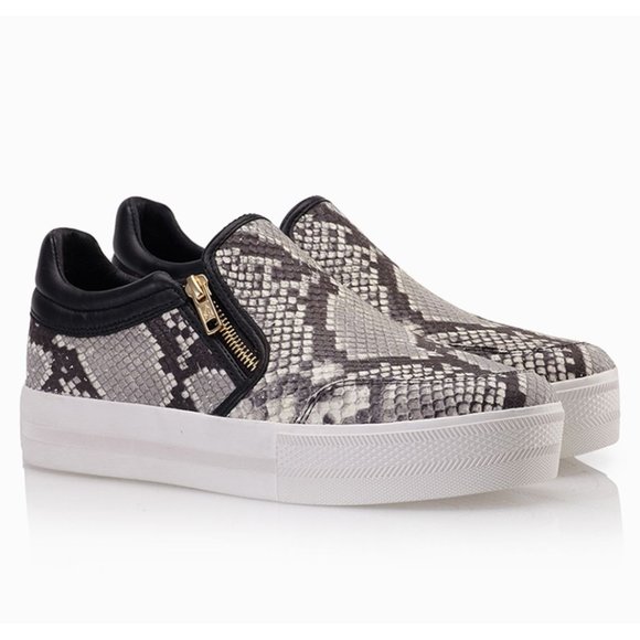 Ash Shoes - Ash Jordy Snake-Print Leather Sneaker Side Zipper Roccia & Black Size 40 US 10